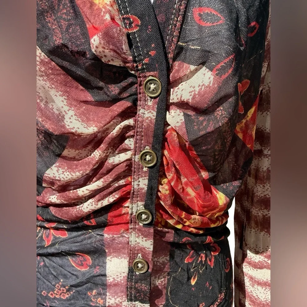 Free People Lucky Printed Blouse Patchwork Semi Sheer Mesh Boho Button Large